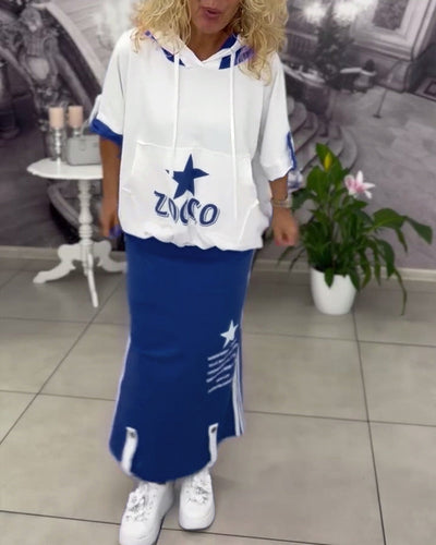 Sæt Med Hætte Snøre Trykt Nederdel