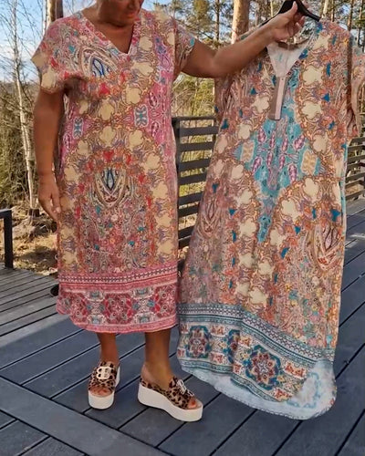 Kjole V-Udskæring Kortærmet Mønstret Lige