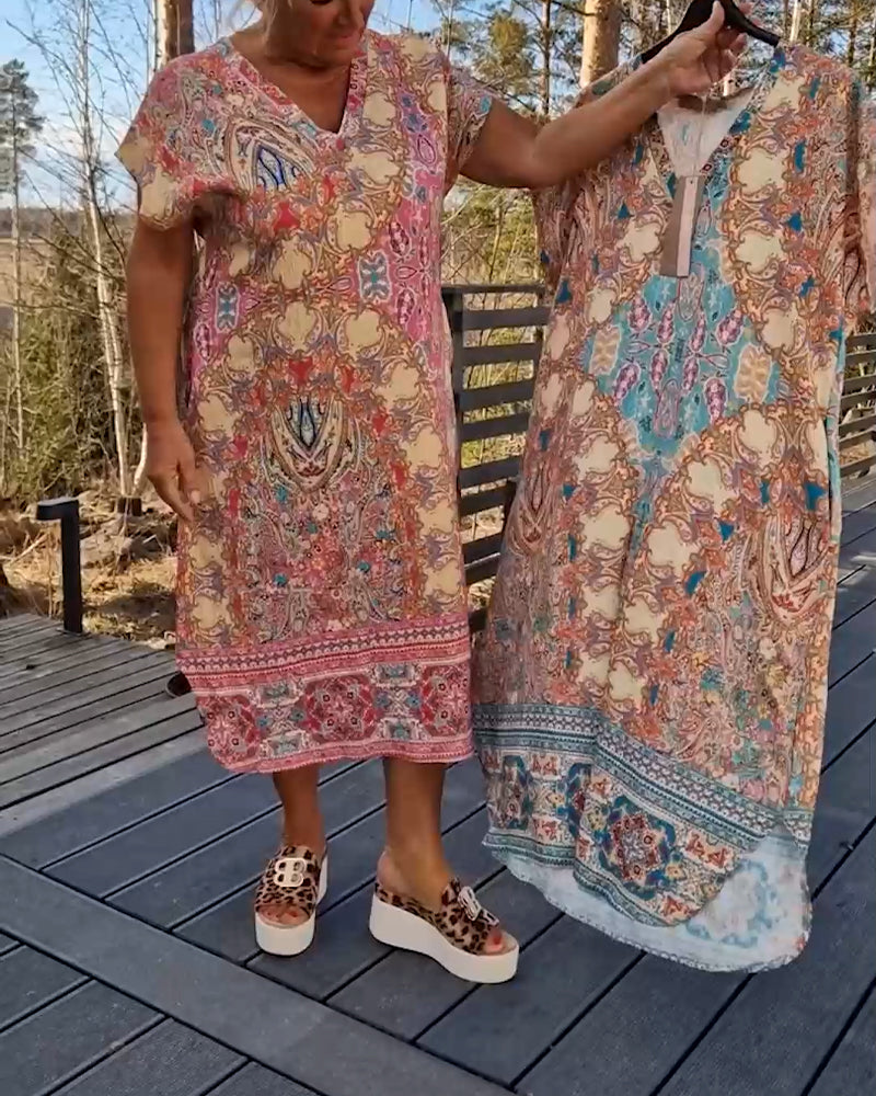 Kjole V-Udskæring Kortærmet Mønstret Lige