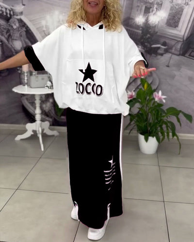 Sæt Med Hætte Snøre Trykt Nederdel