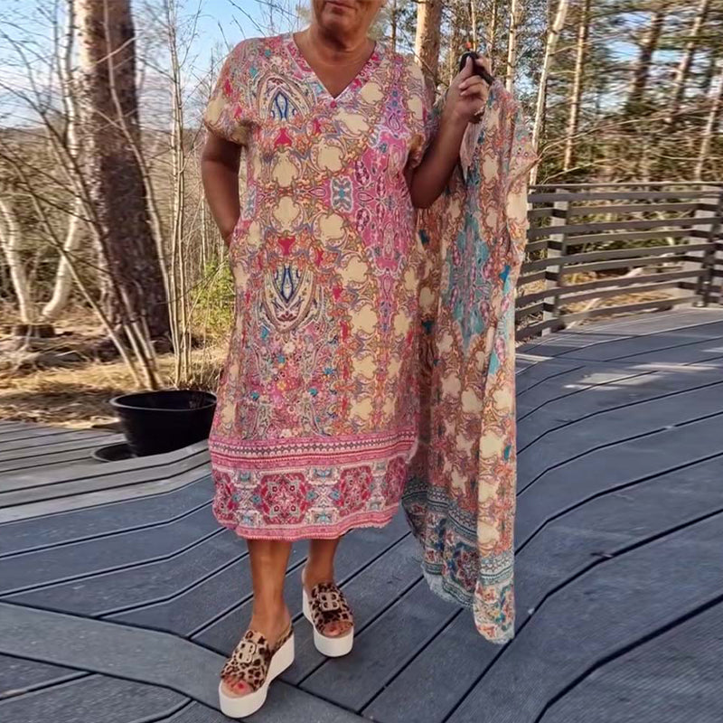 Kjole V-Udskæring Kortærmet Mønstret Lige