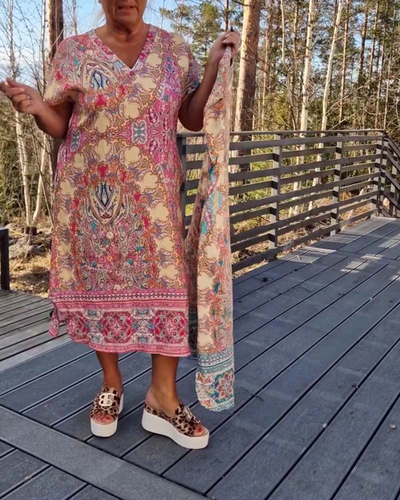 Kjole V-Udskæring Kortærmet Mønstret Lige